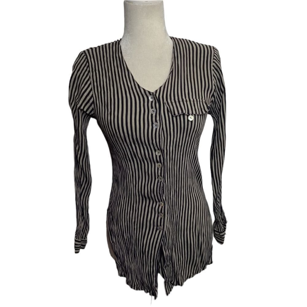 VINTAGE 90s striped iridescent button crinkle fabric split side blouse S